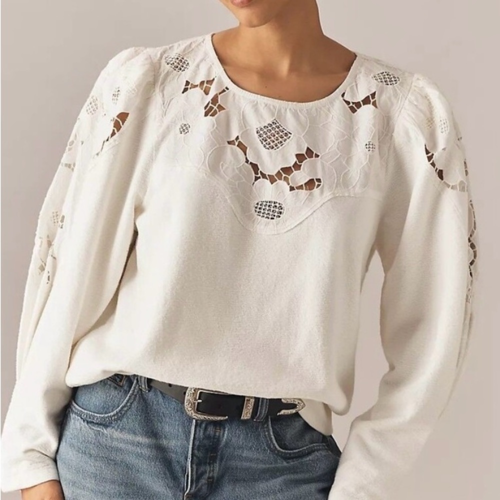By Anthropologie Lace Cutwork Mutton-Sleeve Top